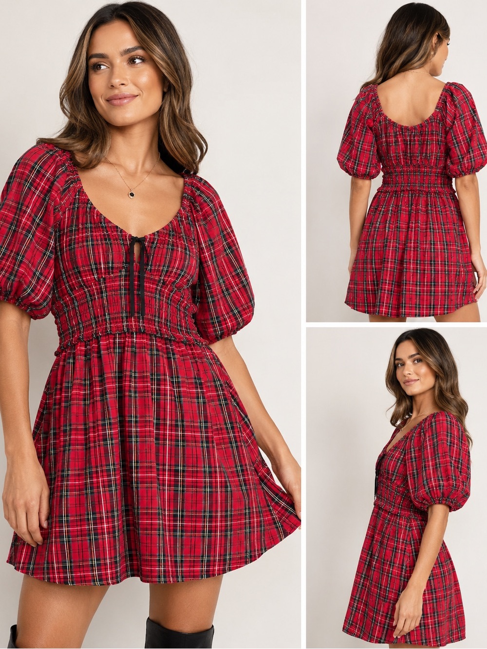 Old Navy Red Tartan Plaid Smocked Puff Sleeve Mini Dress Size Large Cottagecore